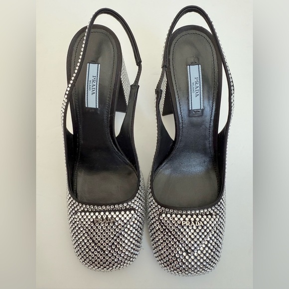 PradaBlack Satin Leather Jewel embellished Triangle logo slingback pumps EU 39 - Picture 8 of 14